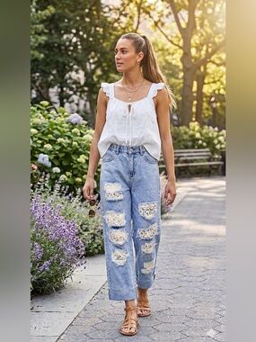 Oh Light Blue Boyfriend Jeans with Lace Patch Details brand new without tags